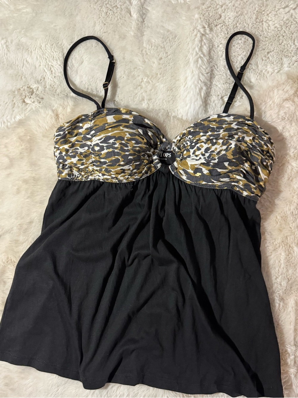 Women’s Black Camisole with Olive & White Animal-Print Bust